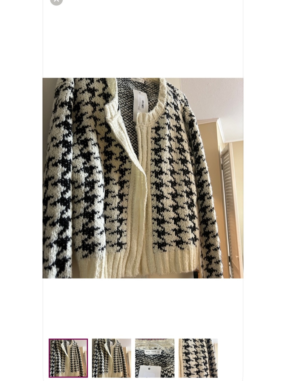 Chunky Houndstooth Cardigan Sweater - Cream & Black